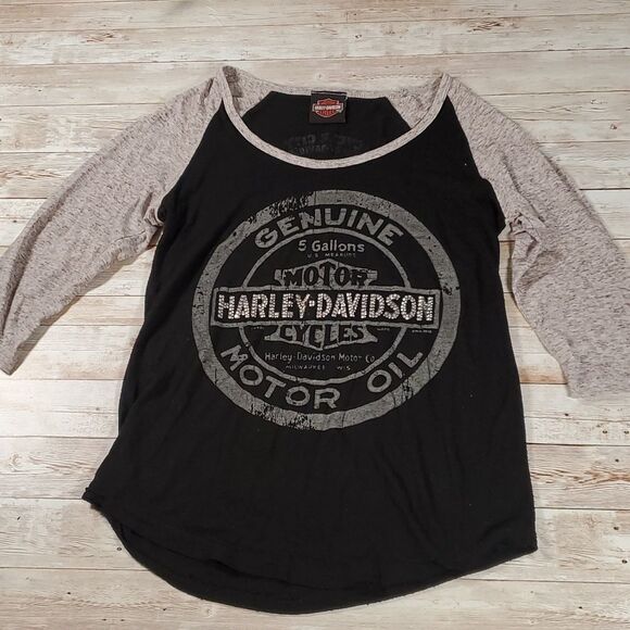 Harley-Davidson Motor Oil Graphic Baseball T-Shirt Rhinestones Bling Medium‎ - Picture 1 of 5